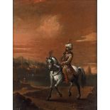 A painting of an Oriental ruler wearing a turban, on horseback