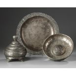 An Ottoman silver hamam bowl, a tray and a box
