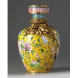 A Chinese Beijing-enamel yellow-ground 'peony' vase