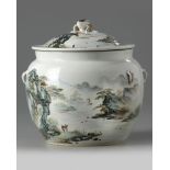 A Chinese famille rose 'landscape' pot and cover