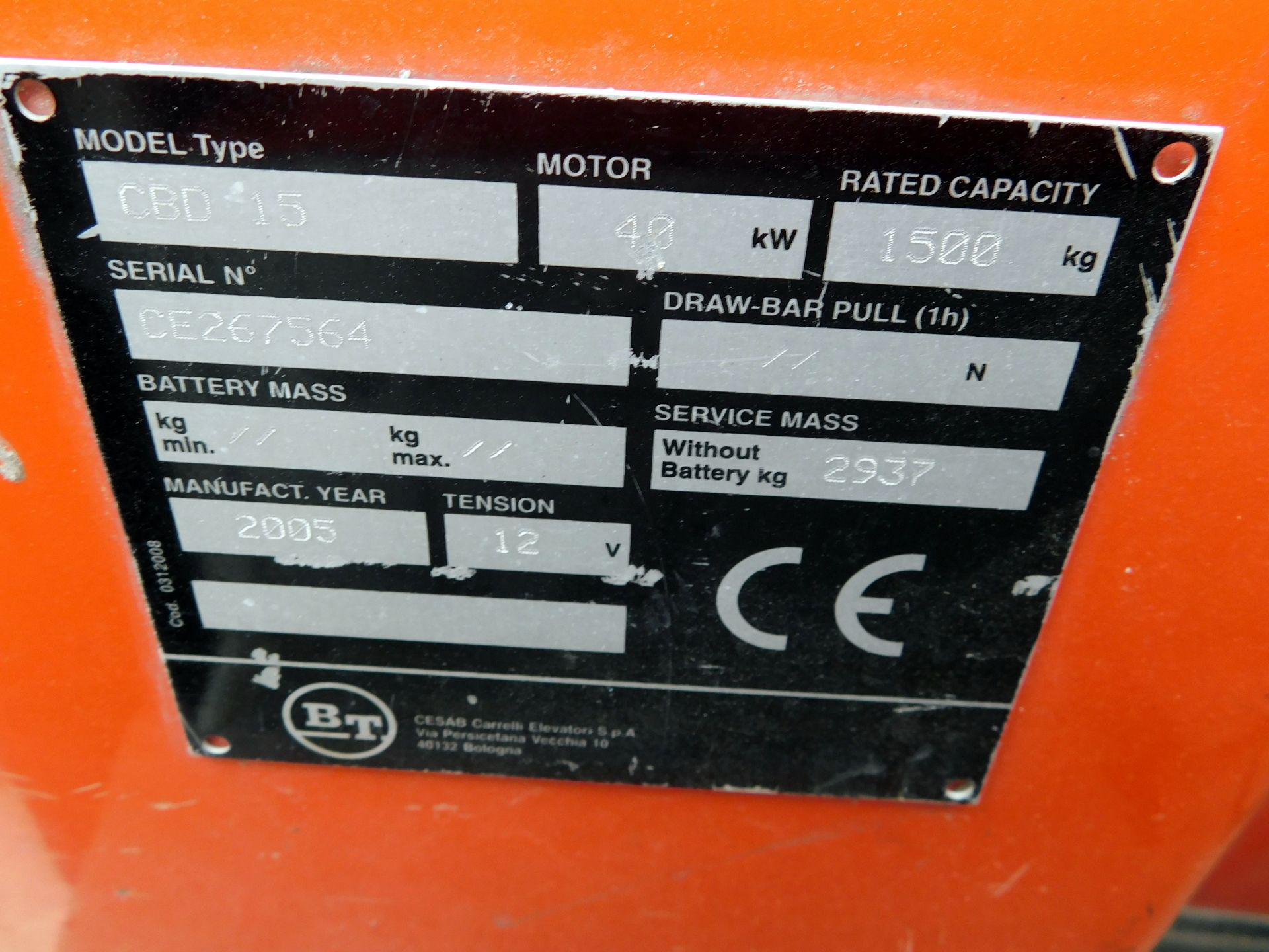 BT CBD15 Diesel Powered Counter Balance Fork Lift, Serial Number CE267564 (2005), 1620 Hours, 1, - Image 9 of 11