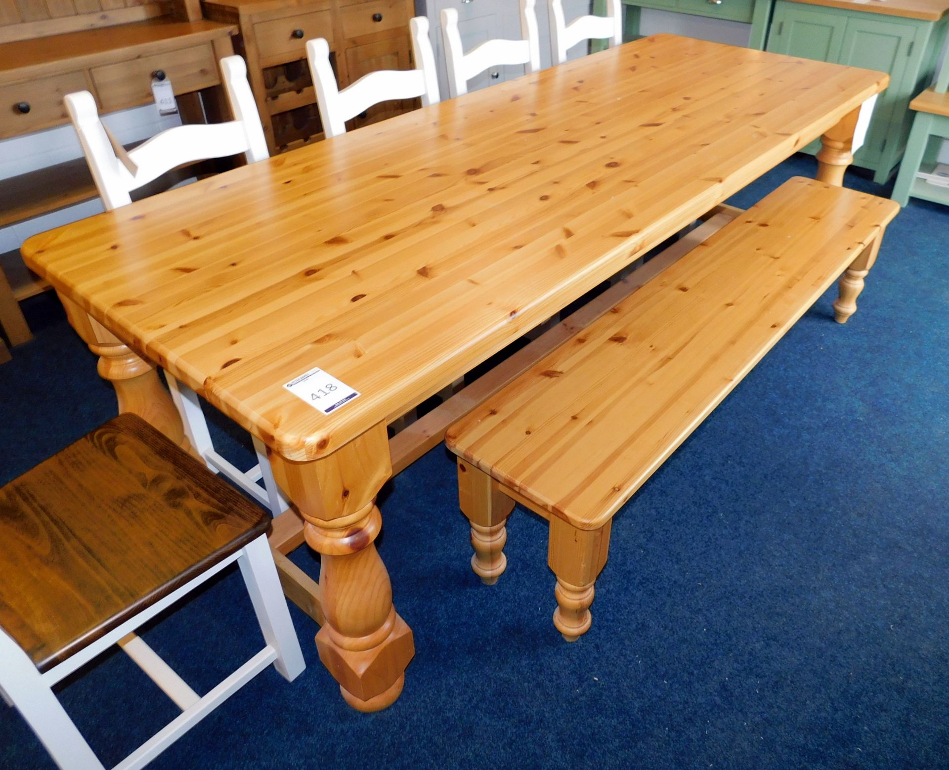 Solid Pine Refectory Style Dining Table, Turned Bulbous Supports & Square Stretcher Rail 8’x 3’ &