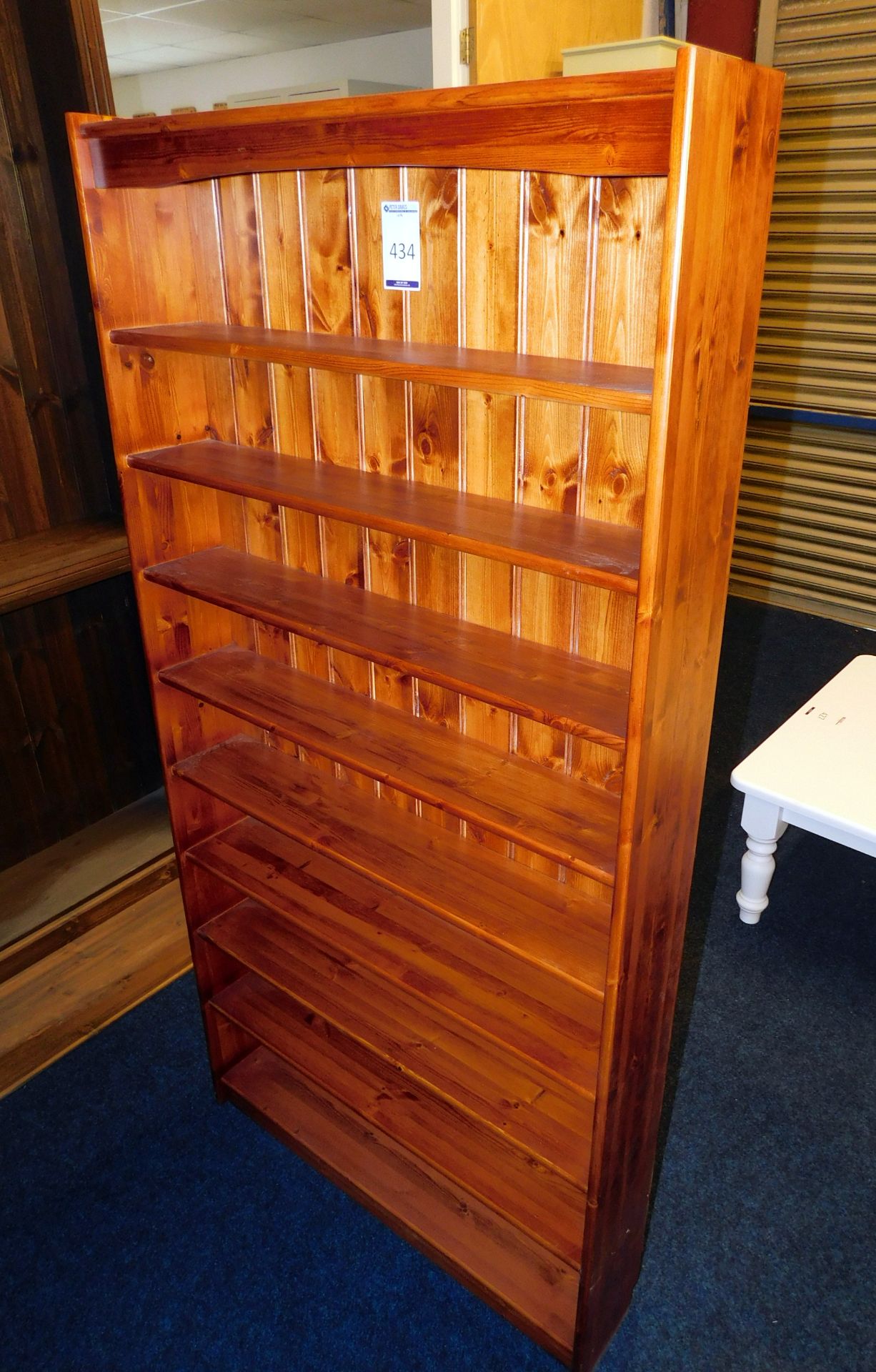 Stained Pine Shelf Unit, 90cm x 18cm x 180cm (located Driffield, collection Monday 23rd & Tuesday