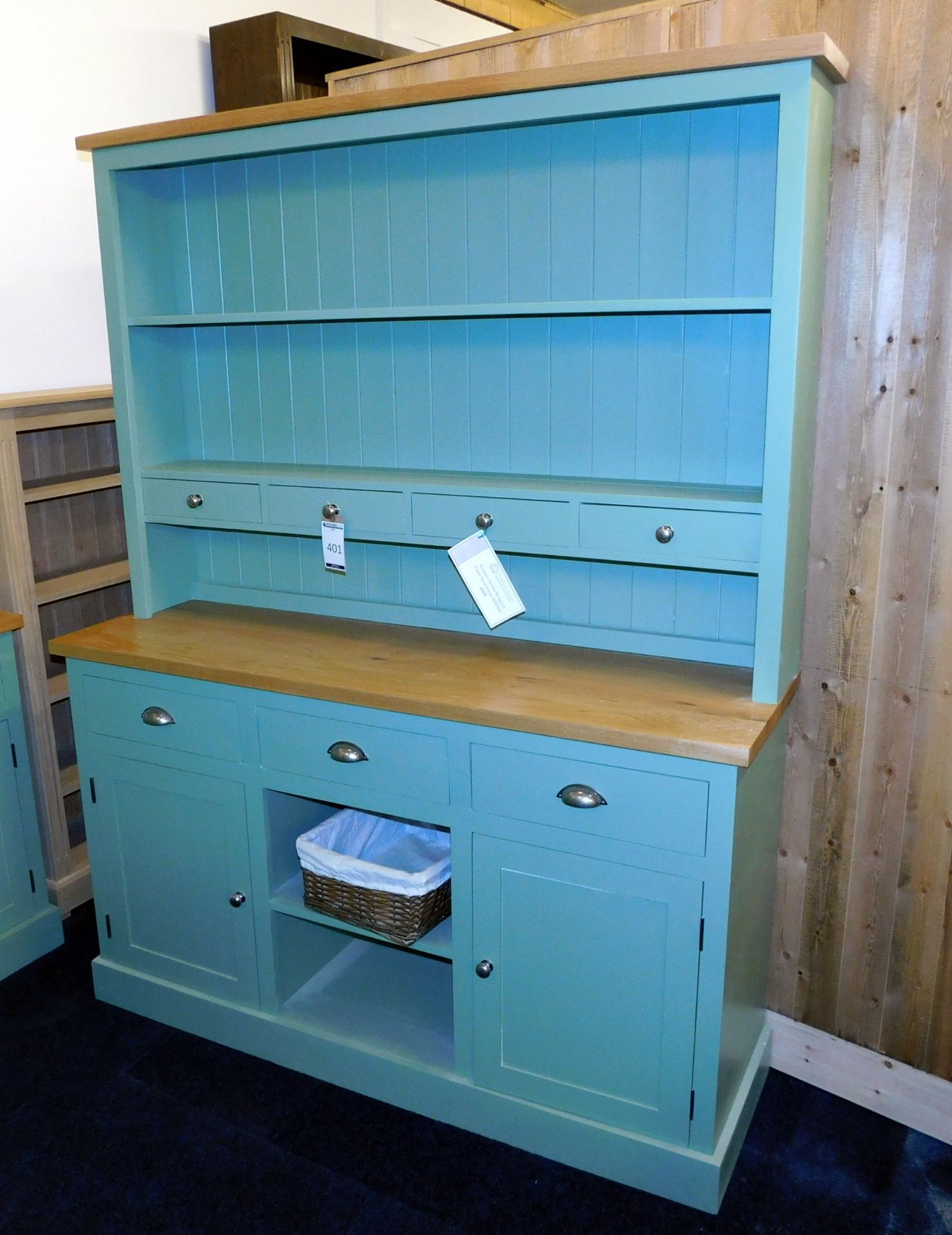 Bordeaux Painted 5’ Open 6-Drawer Dresser with Solid Oak Top, height 6’6” (located Driffield,