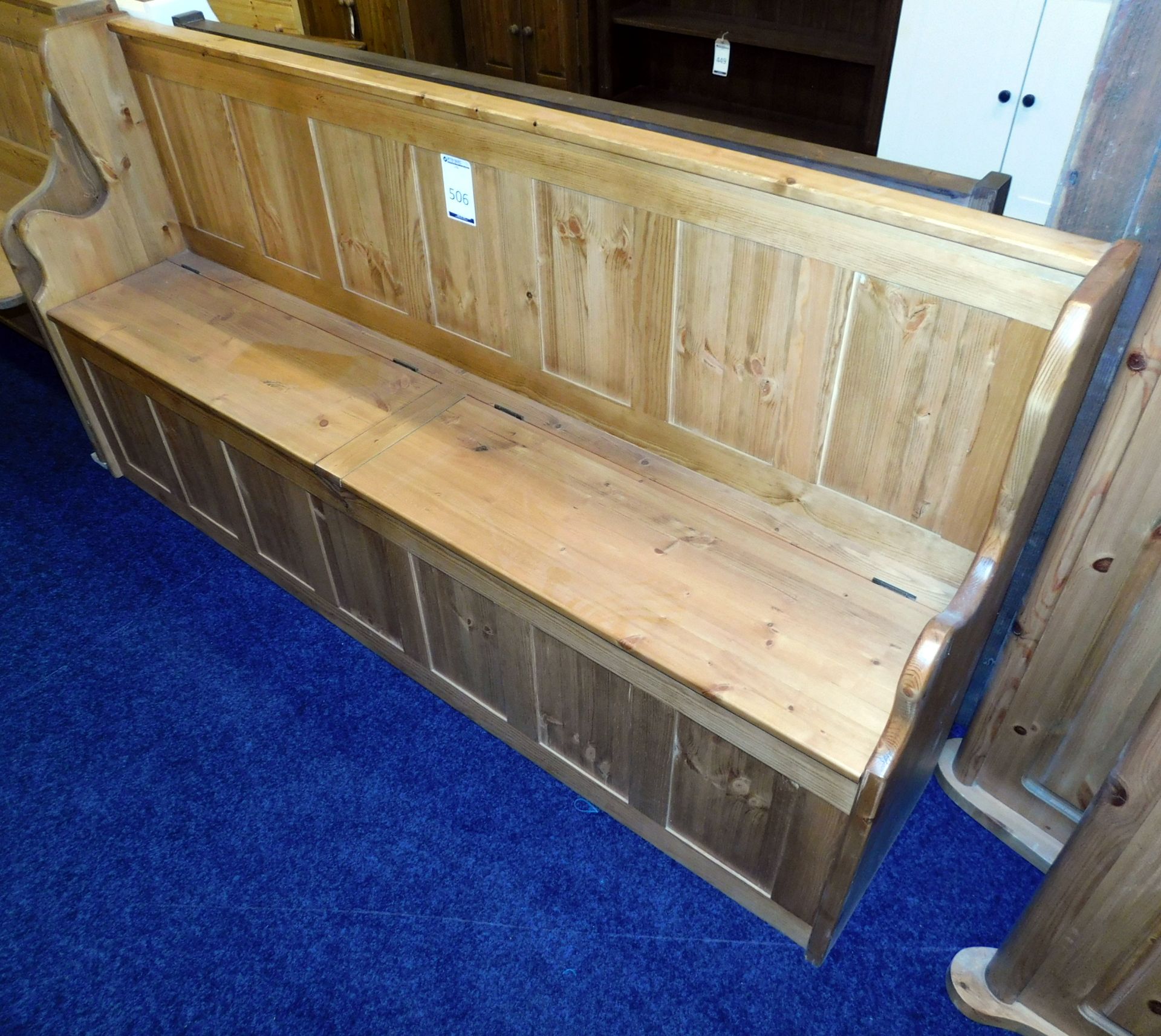 Stained Pine Monks Bench, 182cm (located Driffield, collection Monday 23rd & Tuesday 24th July)