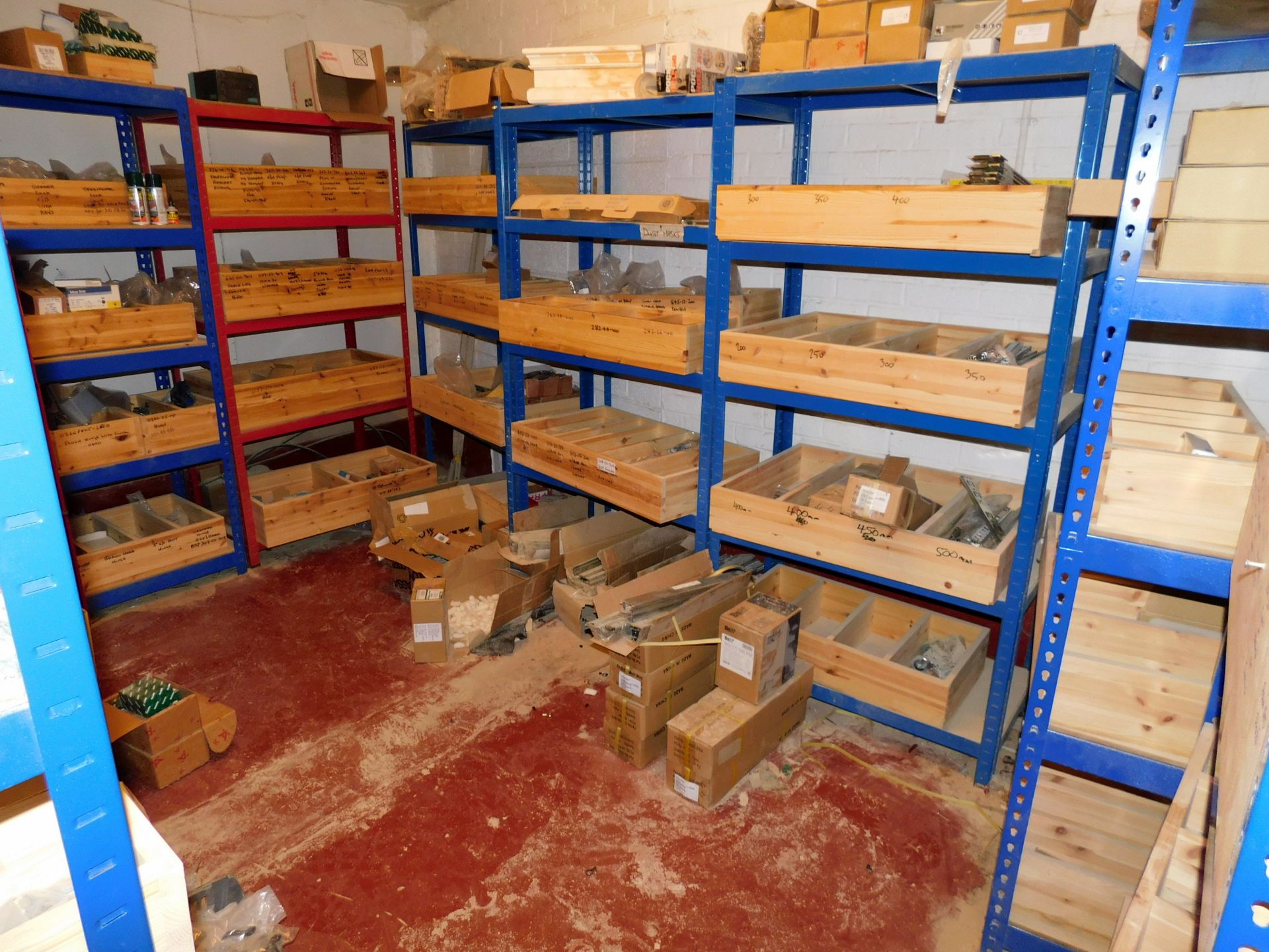 Contents of Room to Include 8 Bays of Shelving, 2 Door Cabinet & Large Quantity of Parts, Spares