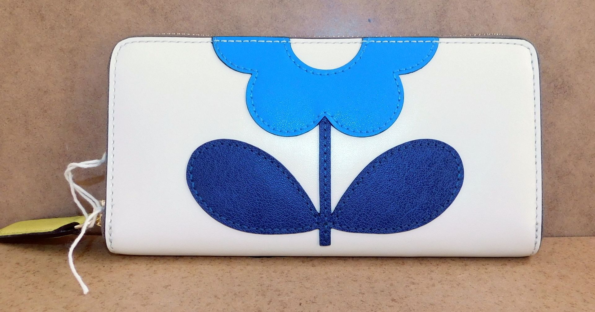 Orla Kiely Flower Stem Applique Leather Big Zip Wallet, Cream