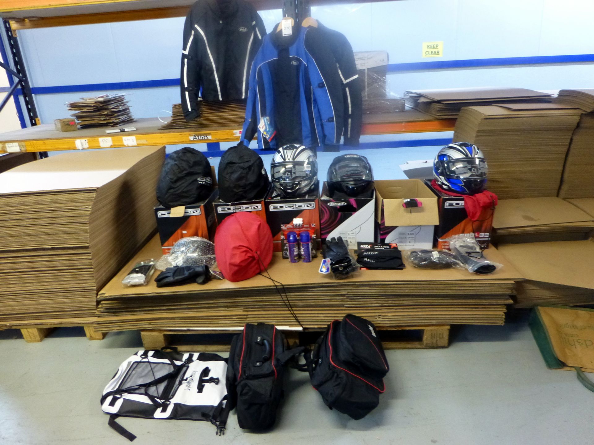Quantity Of Motorcycle Clothing & Soft Accessories To Include 6 Helmets, 3 Jackets, Gloves, Rucksack