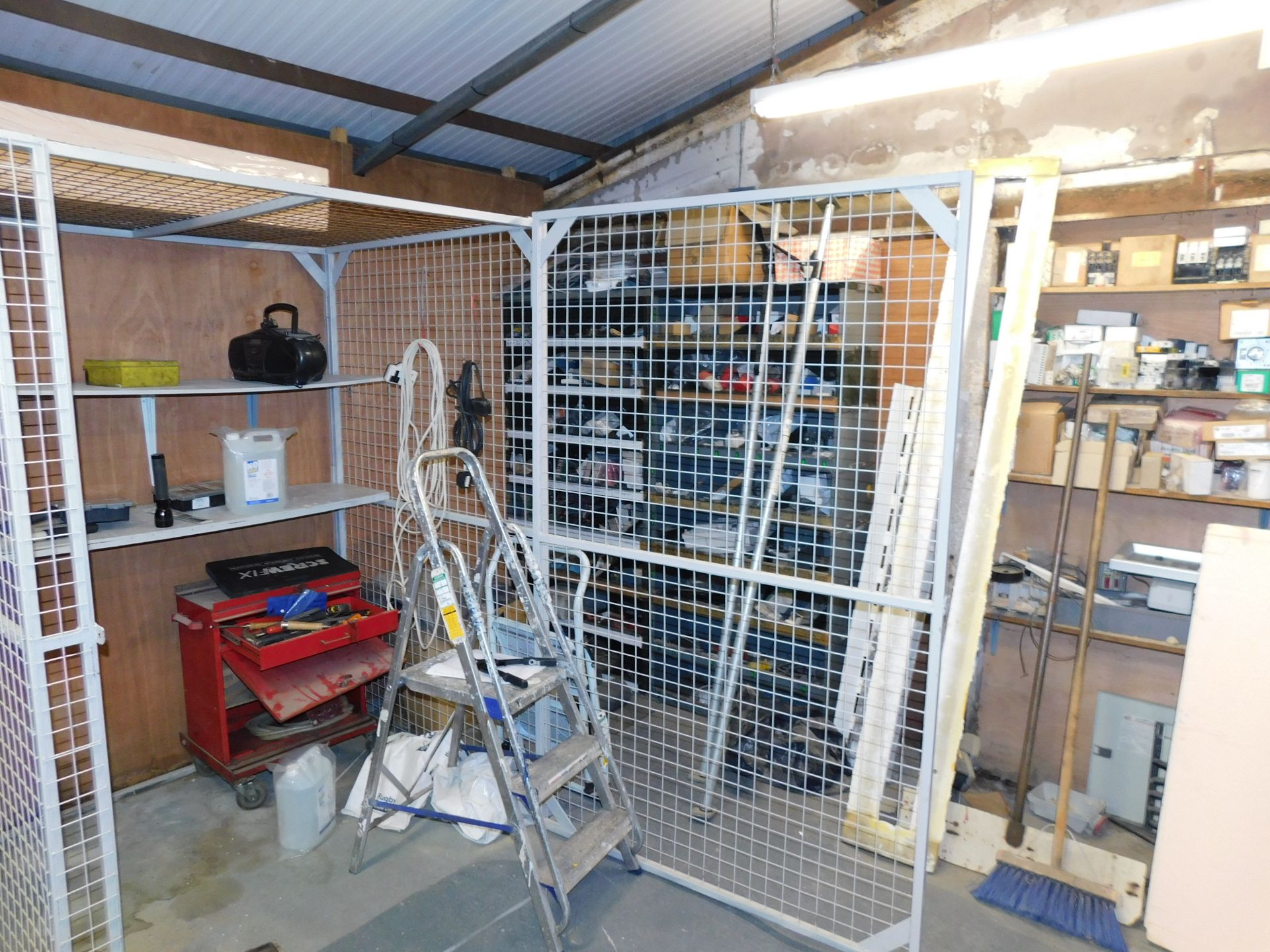 Remaing Contents of Stores & Repair Room to include: Steel Cage, Boltless Racking, Parts & Spares