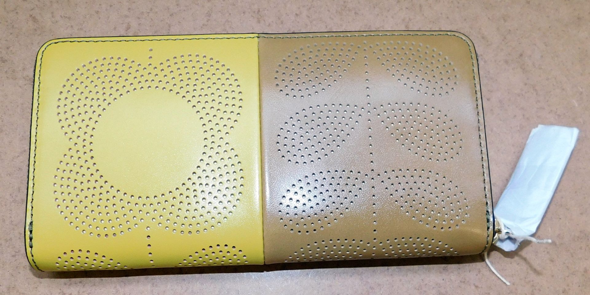 Orla Kiely Punched Tall Flower Stem Leather Big Zip Wallet, Mustard (RRP £180)