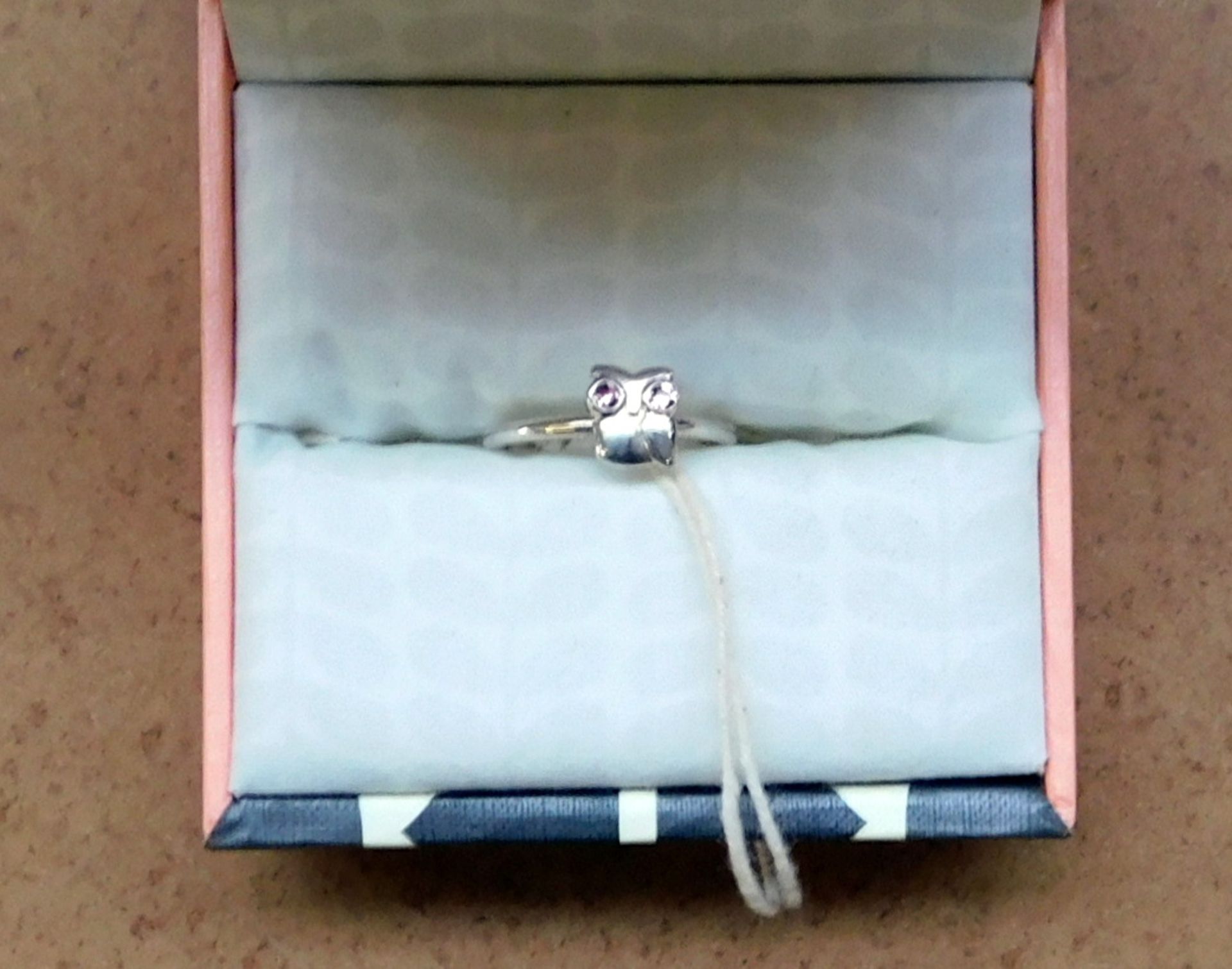 Orla Kiely Sterling Silver Owl Ring with Light Rose Svarovski Eyes, M (RRP £60)