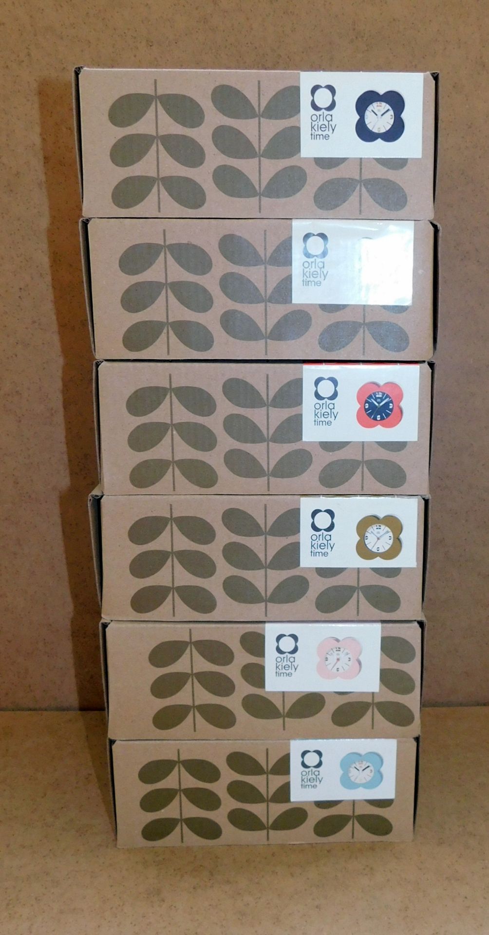 6 Orla Kiely Clocks, Grey/Pink/Olive/Red/White/Blue (RRP £39.95 each) - Image 2 of 2