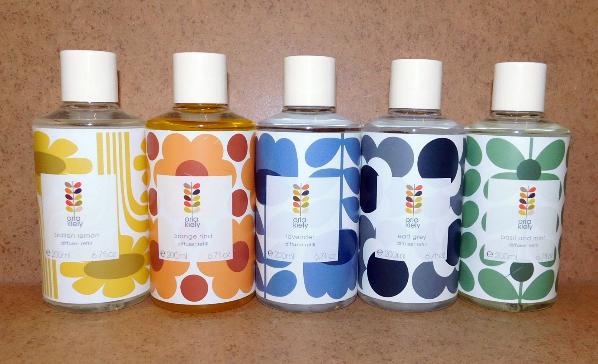 5 Orla Kiely Reed Diffuser Refills, Lavender, Earl Grey, Orange Rind, Sicilian Lemon, Basil& Mint (