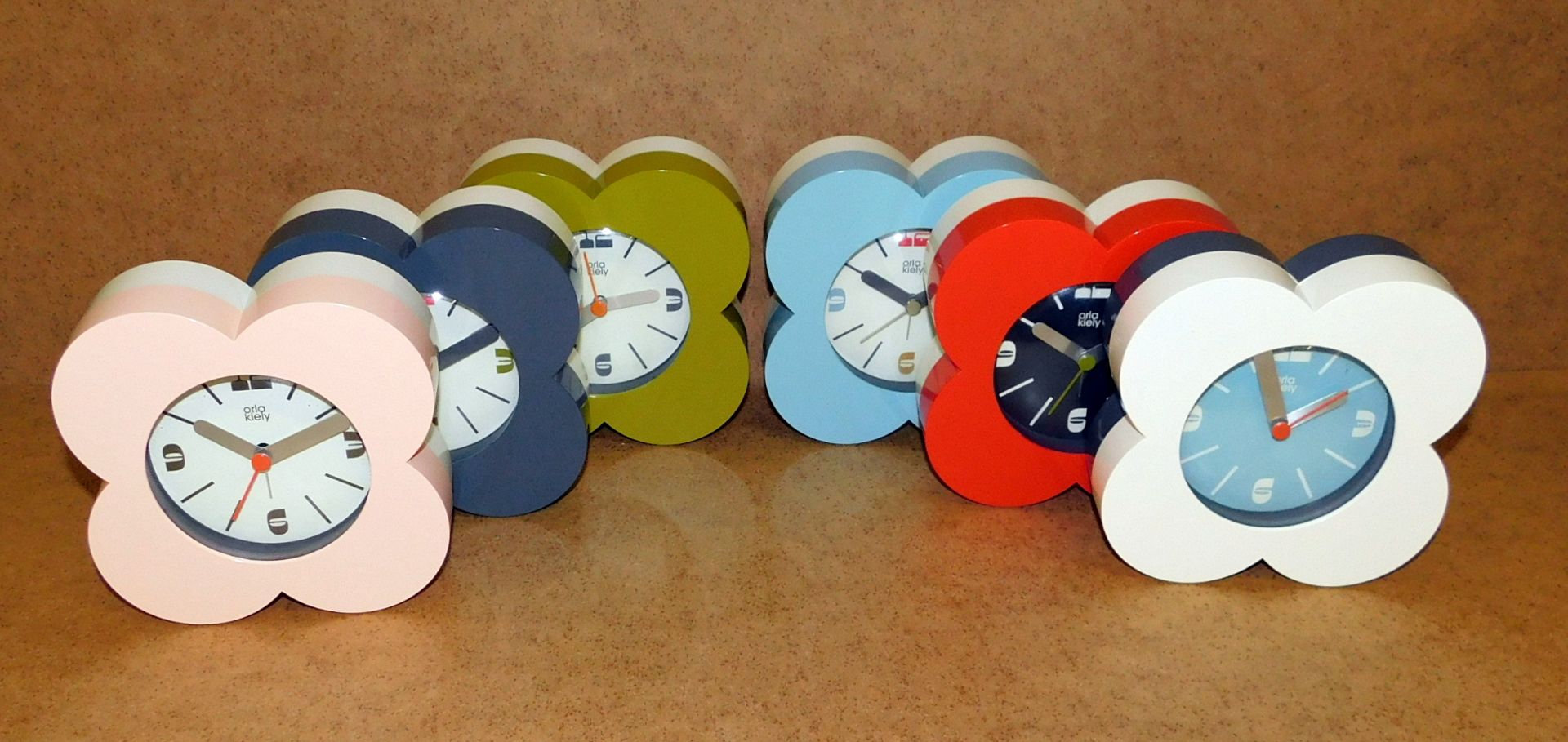6 Orla Kiely Clocks, Grey/Pink/Olive/Red/White/Blue (RRP £39.95 each)