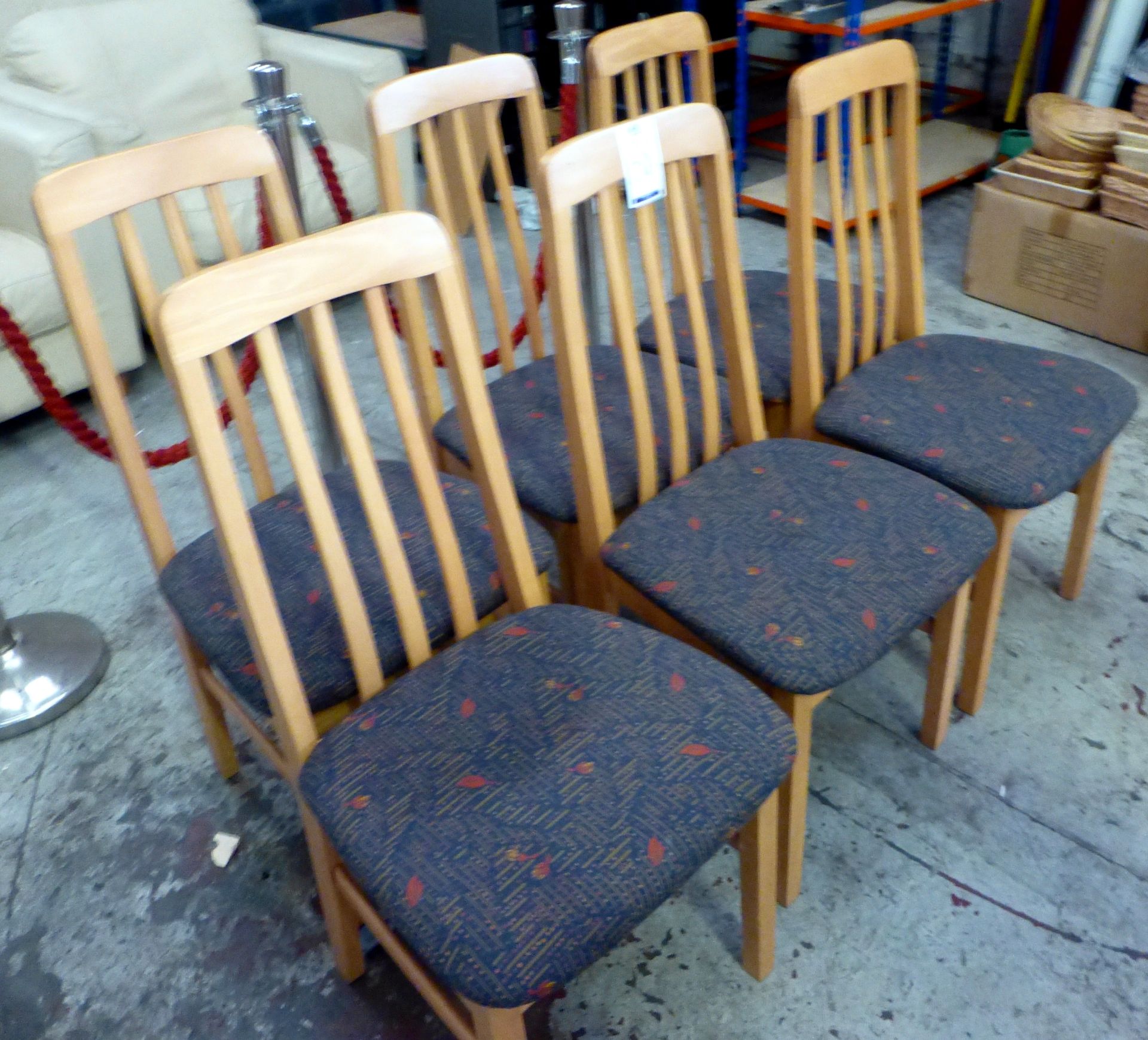 6 Light Wood Fabric Upholstered Dining Chairs (Located 82 Rolfe Street, Smethwick, B66 2AX)