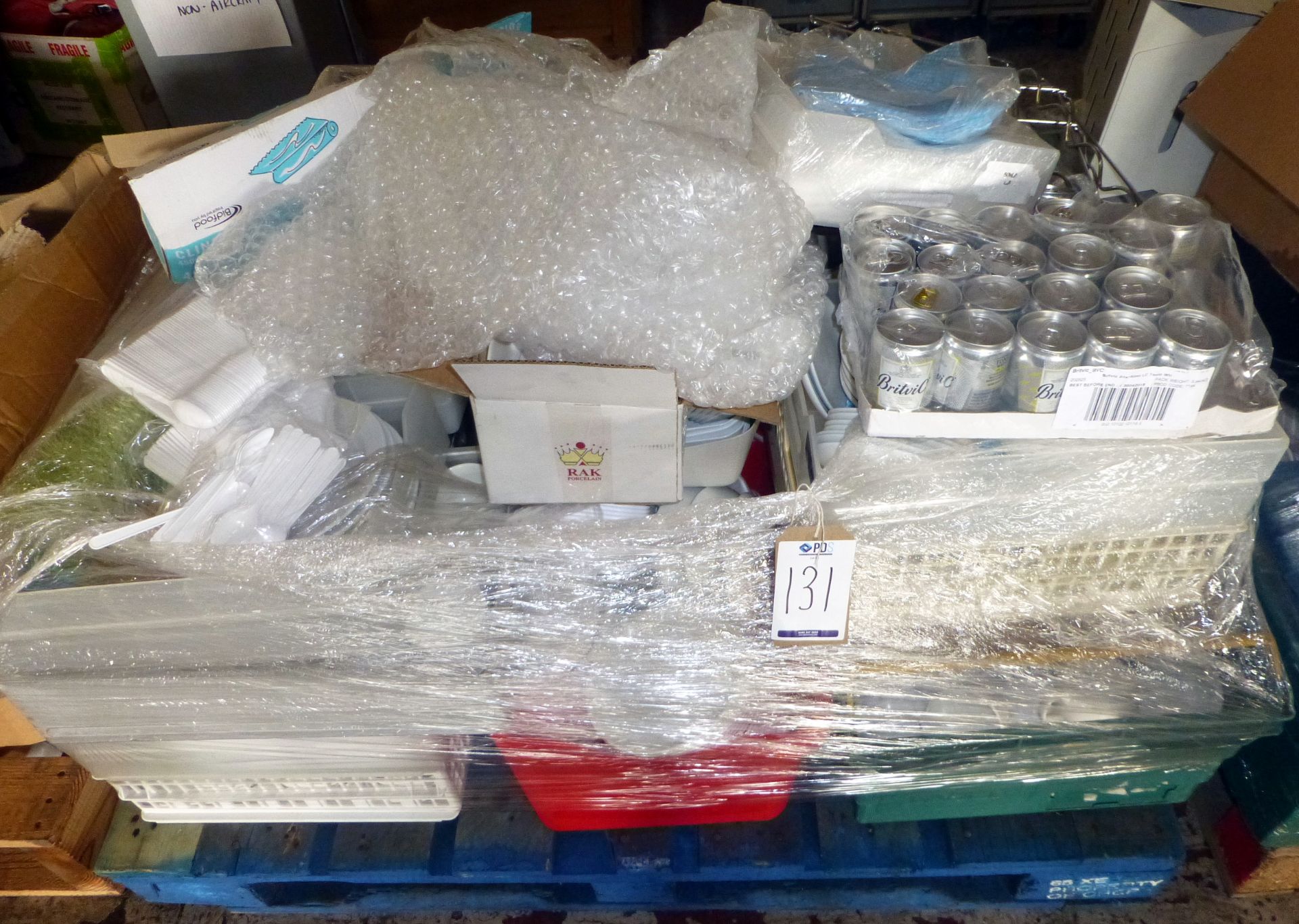 Large Quantity of Catering Sundries on 4 Pallets to include: Plastic & Metal Cutlery, Crockery,