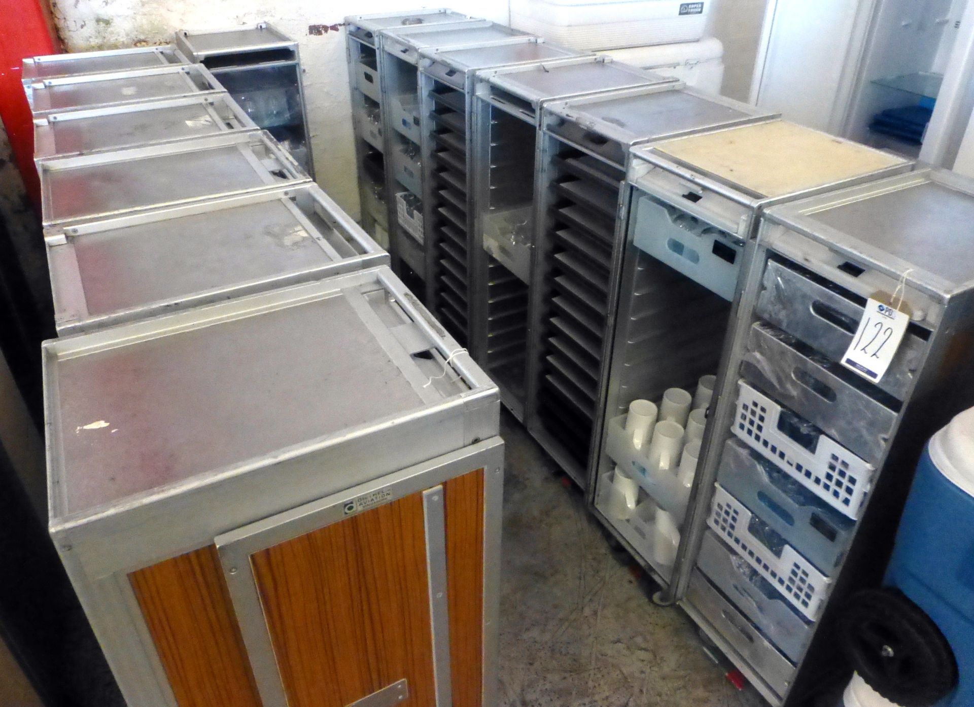 14 Assorted Half Size Galley Carts 30cm x 40cm x 103cm & Contents Mainly Wine Glasses & Crockery (