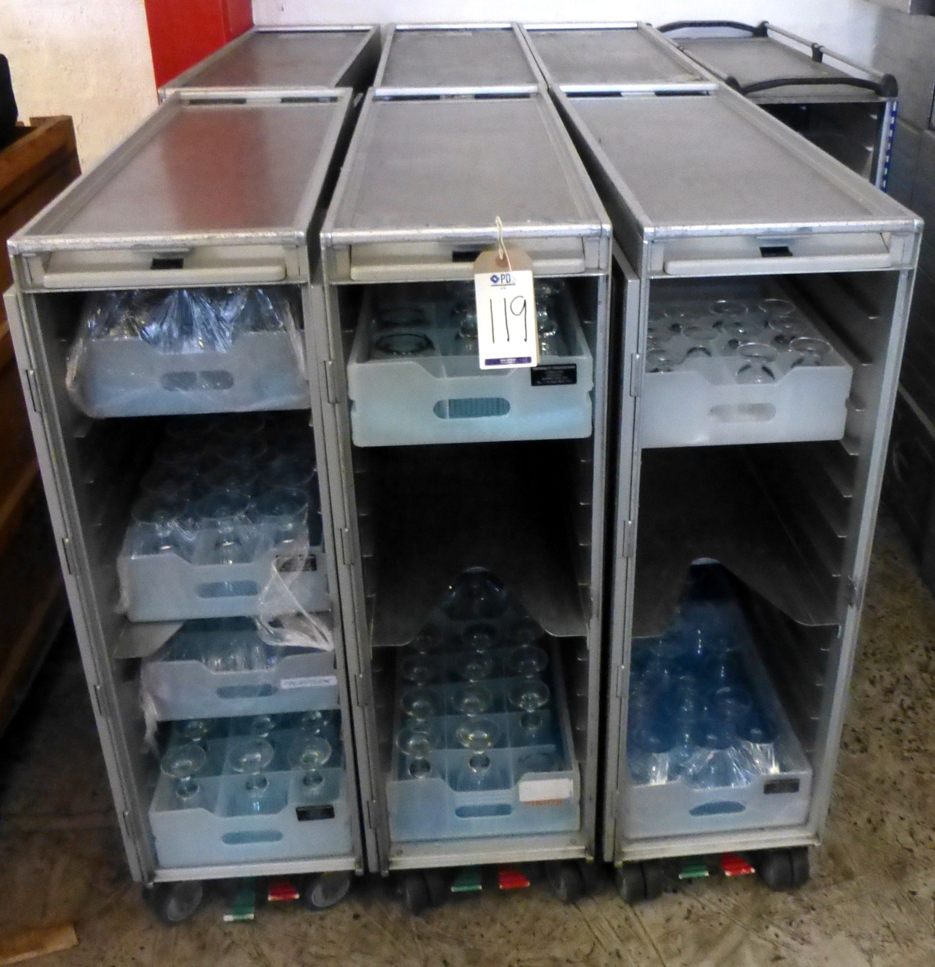 7 Assorted Full Sized Galley Carts 30cm x 80cm x 103cm & Contents Mainly Wine Glasses (Located 82