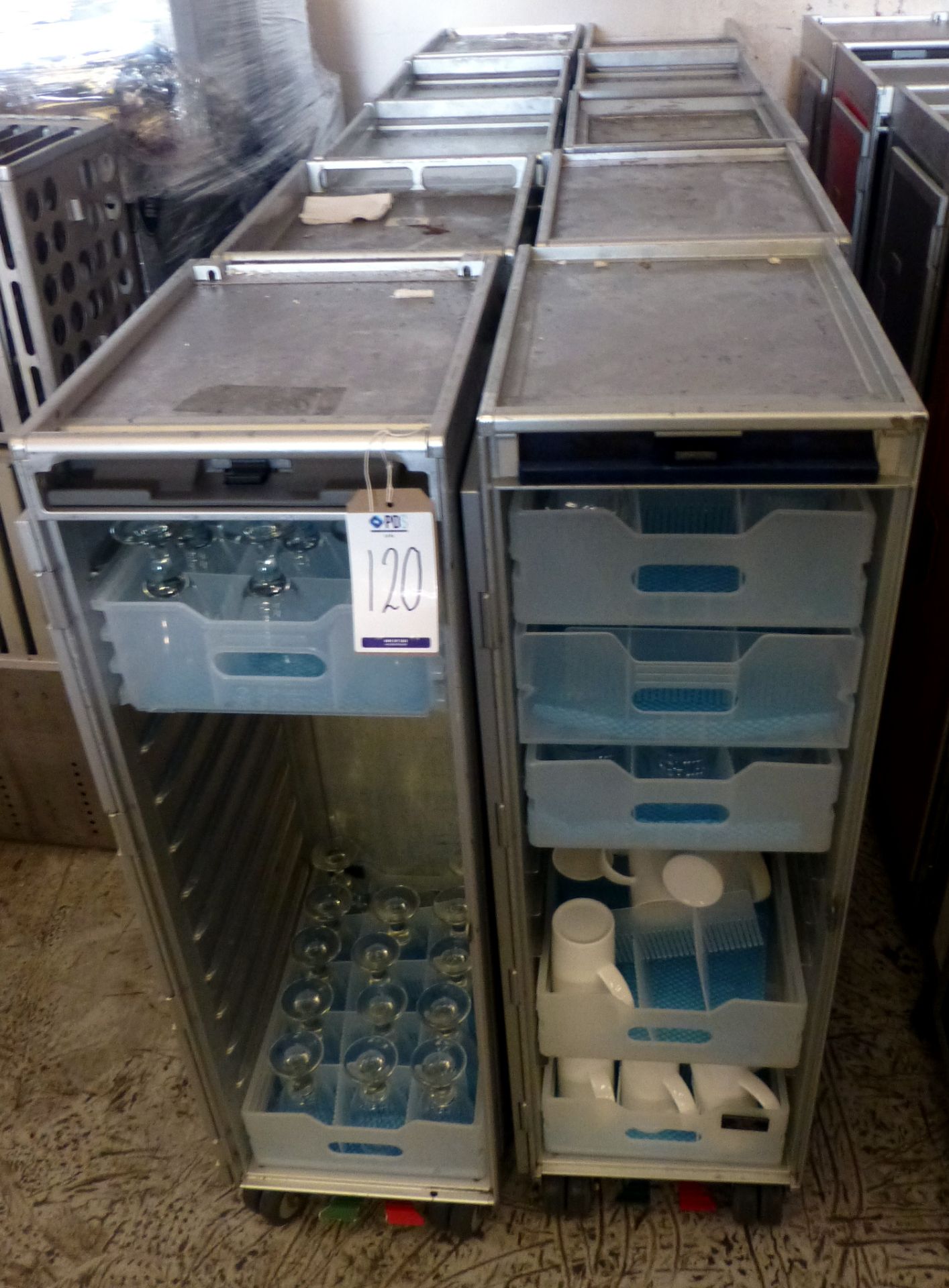 10 Assorted Half Size Galley Carts 30cm x 40cm x 103cm & Contents Mainly Wine Glasses & Crockery (
