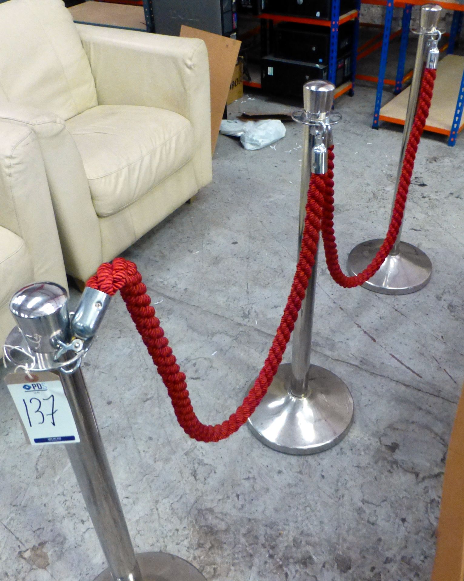 3 Chrome Rope Barrier Stands with Rope (Located 82 Rolfe Street, Smethwick, B66 2AX)