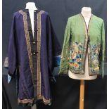 A Chinese ladies green silk embroidered jacket with bat and flower decoration in many coloured