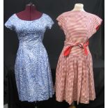 Selection of 1950's-60's Frank Usher dresses together with red and white striped 1950's cotton