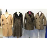 Four vintage coats to include: a light brown 3/4 length sheepskin coat with leather covered buttons