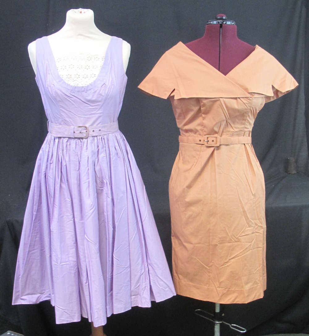 Five cotton 1950's summer dresses to include: lilac belted dress with lace insert,