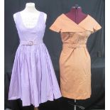 Five cotton 1950's summer dresses to include: lilac belted dress with lace insert,