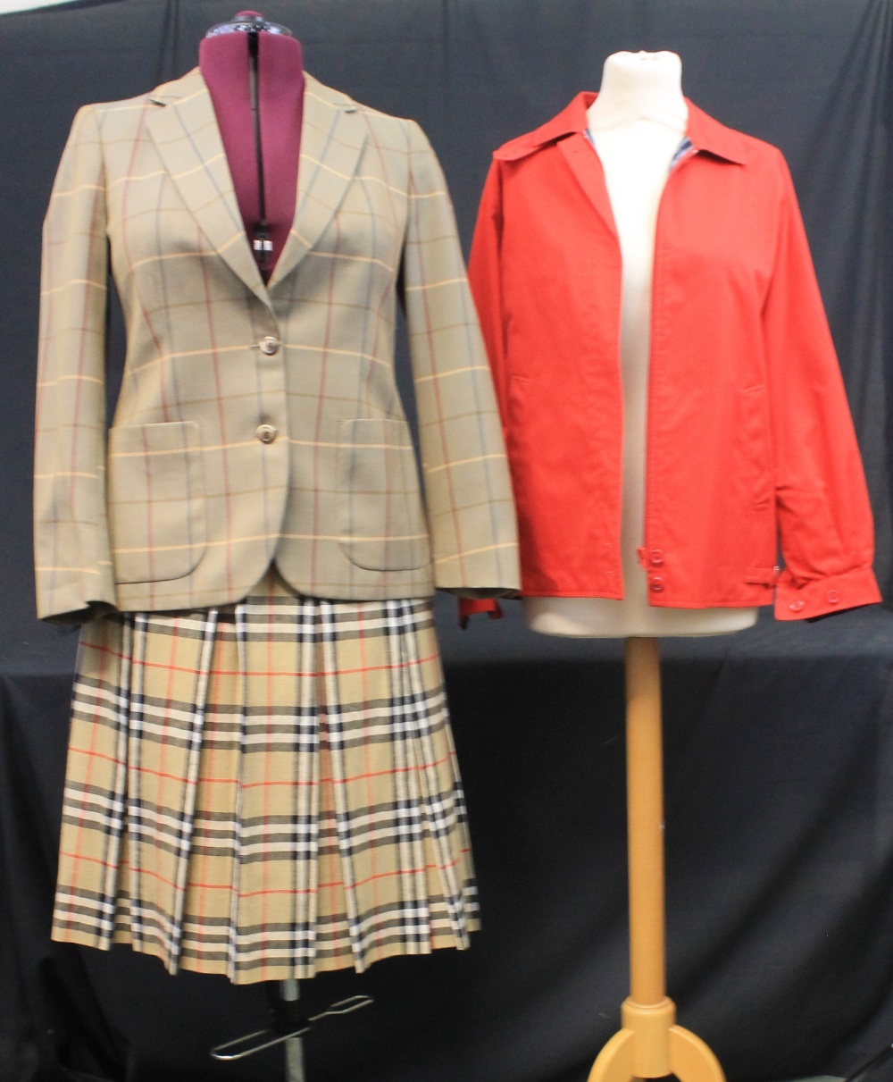 Vintage 1970's-80's Burberry items to include: red Burberrys' cotton blend jacket with plaid lining,