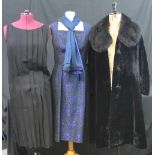 Two vintage 1960's dresses and a black velvet 3/4 length coat with black fur collar and red lining