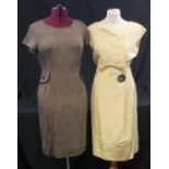 1960's vintage yellow silky dress with shell button decoration,