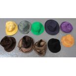 Collection of vintage hats to include: 2 suede hats (1 purple, 1 brown by Webflex),