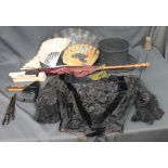 Late 19th/early 20th Century items to include silky burgandy parasol with wooden handle and green