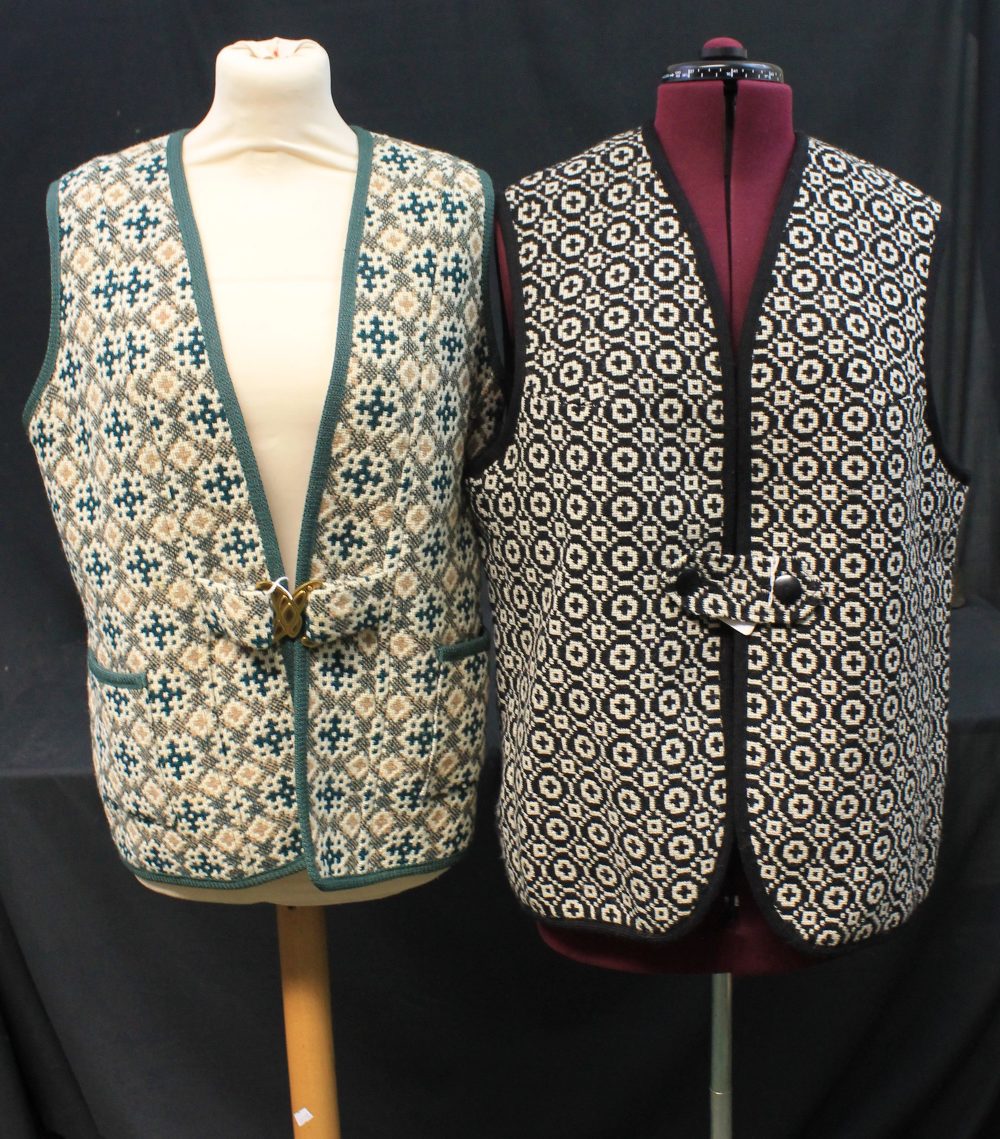 Two vintage 70's geometric pattern Welsh tapestry waistcoats: one green with pockets by Western