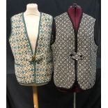 Two vintage 70's geometric pattern Welsh tapestry waistcoats: one green with pockets by Western