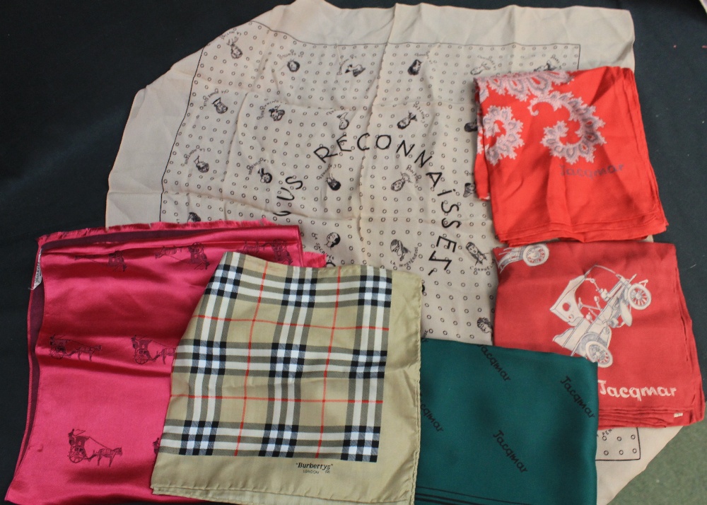 Collection of vintage scarves to include: four Jacqmar scarves (2 red, one with motorcar decoration,