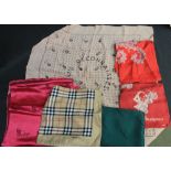 Collection of vintage scarves to include: four Jacqmar scarves (2 red, one with motorcar decoration,