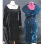 Five vintage velvet dresses from the 50's and 60's to include: blue 50's belted dress by London