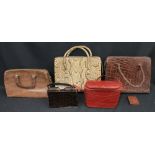 Five vintage reptile skin bags to include: a brown crocodile document or tote bag with leather