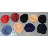 Collection of vintage hats to include: 8 different coloured berets (brushed fur fabric?) including