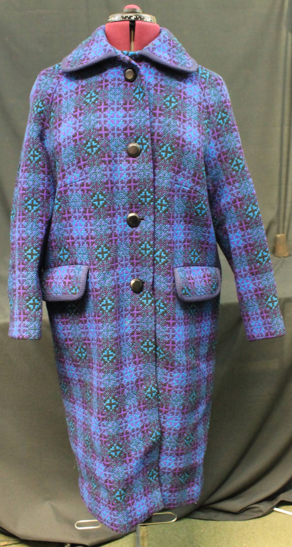 Vintage 60's/70's geometric pattern blue and purple Welsh tapestry coat with front pockets and