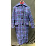 Vintage 60's/70's geometric pattern blue and purple Welsh tapestry coat with front pockets and