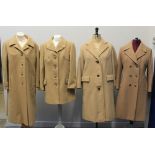 Four vintage camel colour coats to include: one short coat (50% camel hair),