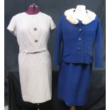 Hardy Amies beige wool ready to wear 60's shift dress with shell buttons and bow detail at waist,