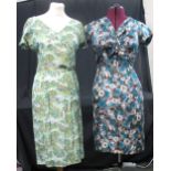 Four print mid-length 1940's-60's dresses to include: a 50's handmade blue and green dress