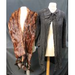 Brown striped fur stole with fur tippets and a black crepe early 20th Century 3/4 sleeve dagger