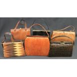 Six vintage reptile skin bags to include a brown lizard or karung skin bag with suede interior,