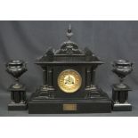 EARLY 20TH CENTURY BLACK MARBLE TWO TRAIN ARCHITECTURAL PRESENTATION MANTEL CLOCK,