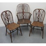 SET OF SEVEN (5+2) EARLY 20TH CENTURY ELM, SPINDLE WHEEL BACK KITCHEN CHAIRS,